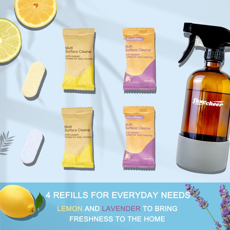 flowcheer Multi-Surface Cleaner Kits-2 Pack Reusable Spray Bottles & 4 Pack All Purpose Cleaner Refills Tablet, 4 x 16.9 Fl oz Bottles of Spray Cleaner Lemon and Lavender Scent - Image 3